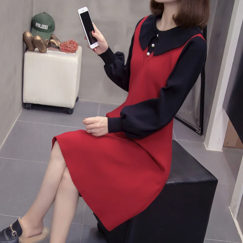 

Winter Latern Long Sleeve Elegant Knitted Dress Vintage Peter Pan Collar Chic Casual Dresses For Woman Vestido Robe Clothing