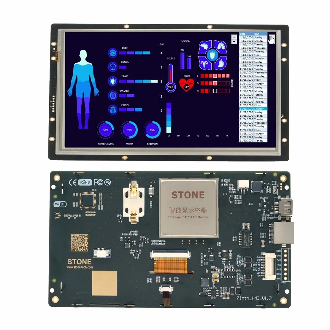 SCBRHMI 7.0 Inch LCD-TFT HMI Display Module Intelligent Series RGB 65K Color Resistive Touch Panel without Enclosure