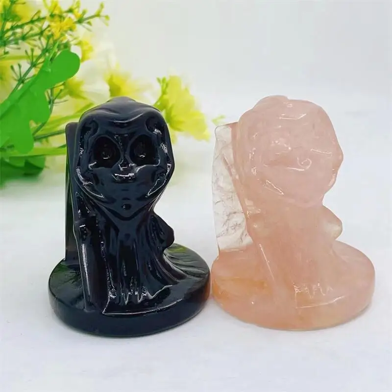 Натуральный черный обсидиан и розовый кварц 6 см резьба из кристалла смерти