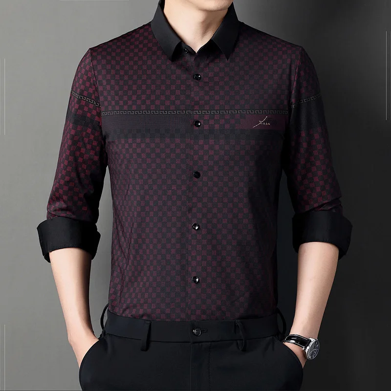 High End Men Long Sleeved Seamless Plaid Shirt Printing Business Casual T-shirt Top 2022 Spring Autumn Fashion Men's Clothing