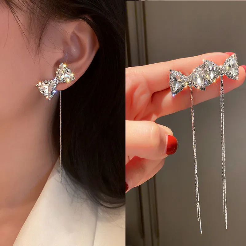 

Korean Trend Sparkling Zircon Bowknot Long Tassel Earrings For Women Elegant Crystal Flower Butterfly Hanging Earring Jewelry