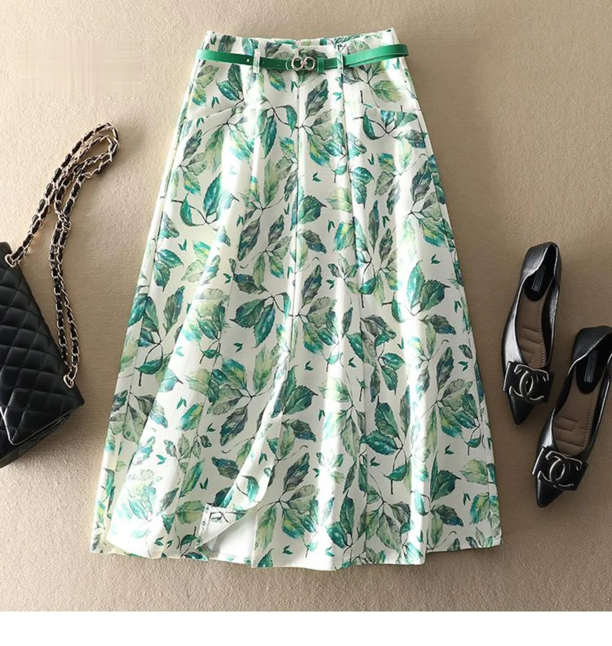 

Light Green Floral Print High Waist With Belt A-line Women's Skirt Fashion Elegant Knee-Length Skirts For Women Spring Summer
