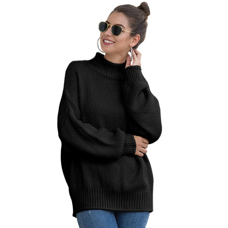 

Women Batwing Long Sleeve Turtleneck Sweater Solid Color Chunky Crochet Knitted Sweatshirt Casual Oversized Loose Pullover Tops
