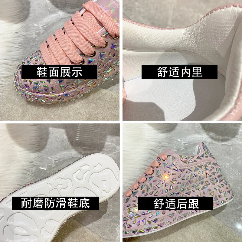 Women Rhinestone Sneakers Fashion Thick Soled Anti-skid Casual High Pink Silver Shoes Spring New Crystal Tennis Shoes Size 35-40
