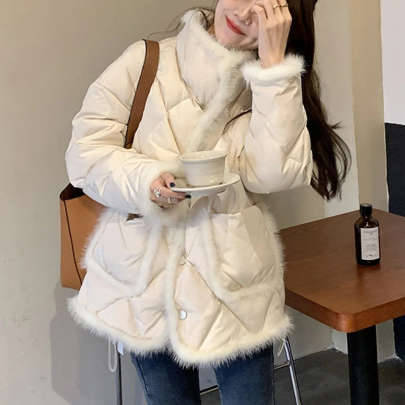 Women Winter Korean Version Loose and Thin Stand-up Collar Warm Jacket Women 2023 Winter New Stitching Mink Wool Cotton Jacket