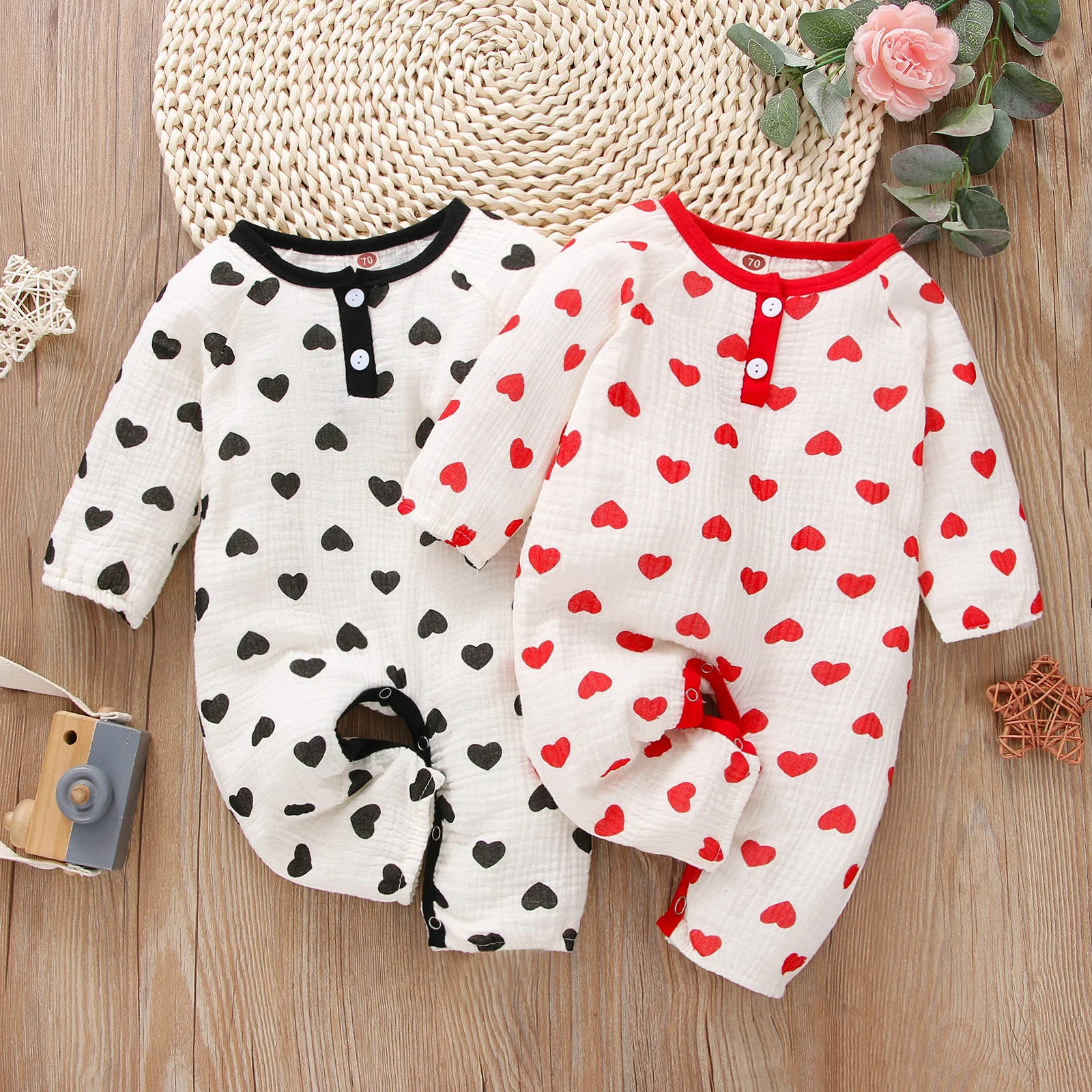 

0-18M Valentine's Day Newbrn Infant Baby Girls Boys Jumpsuit Heart Print Long Sleeve Rompers Autumn Spring Clothing Set