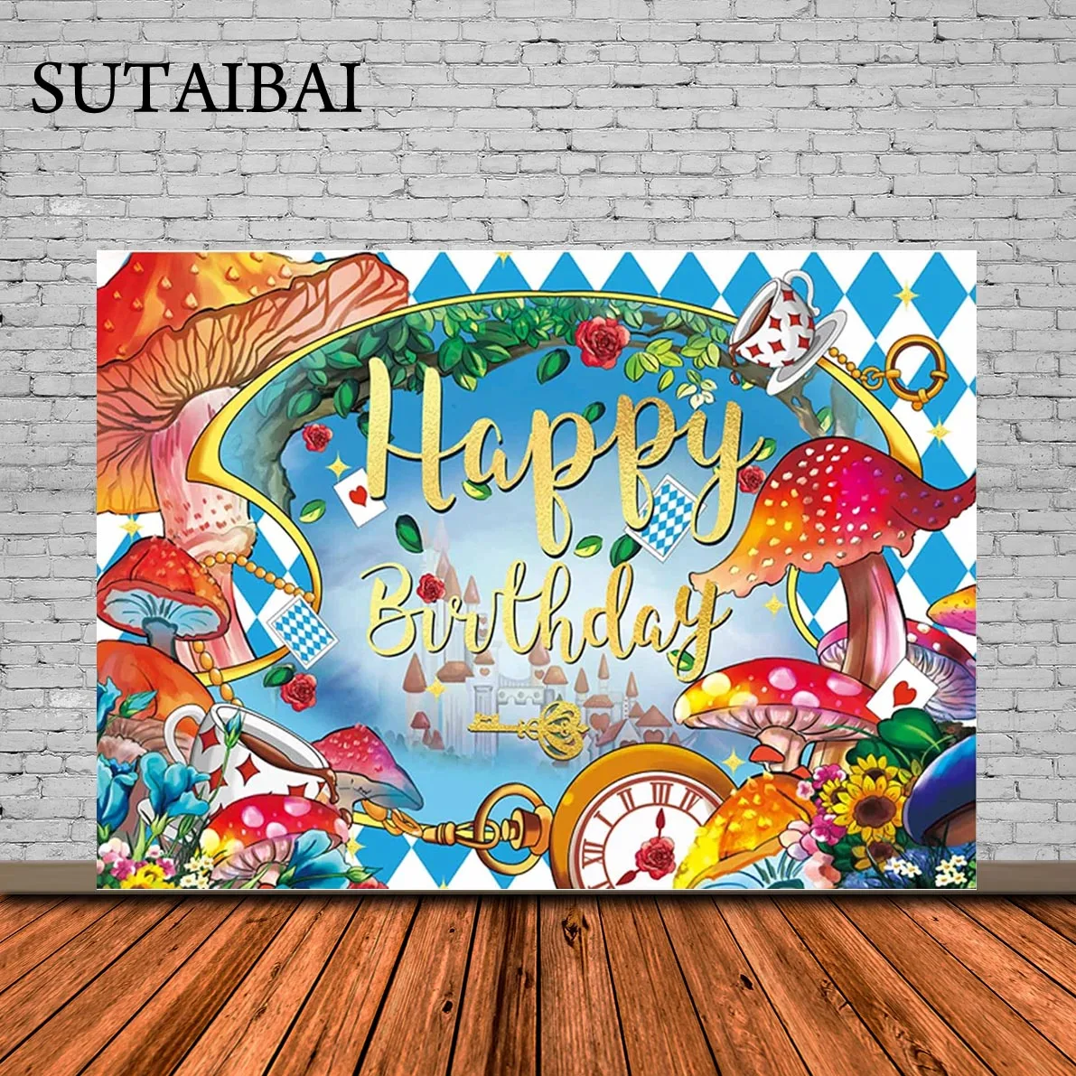 

Фон для фотосъемки с изображением чайной вечеринки, дня рождения, грибов, Алисы в стране чудес, замка, баннера, девочки в одной стране, 1-й ден...