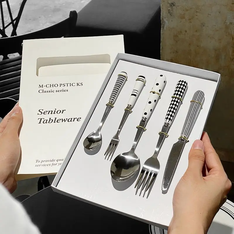 

Cutlery Set Stainless Steel ceramic Flatware Vintage Style Dinnerware Knives Forks Spoons Tableware set