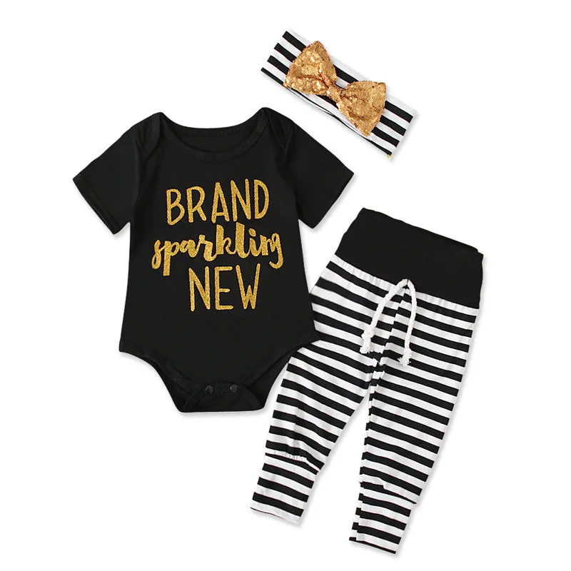 

3Pcs Baby Girls Clothes Set Short-sleeve Newborn Kids Letter Rompers+Striped Pants+Headband Outfits Suit for Children's Clothing