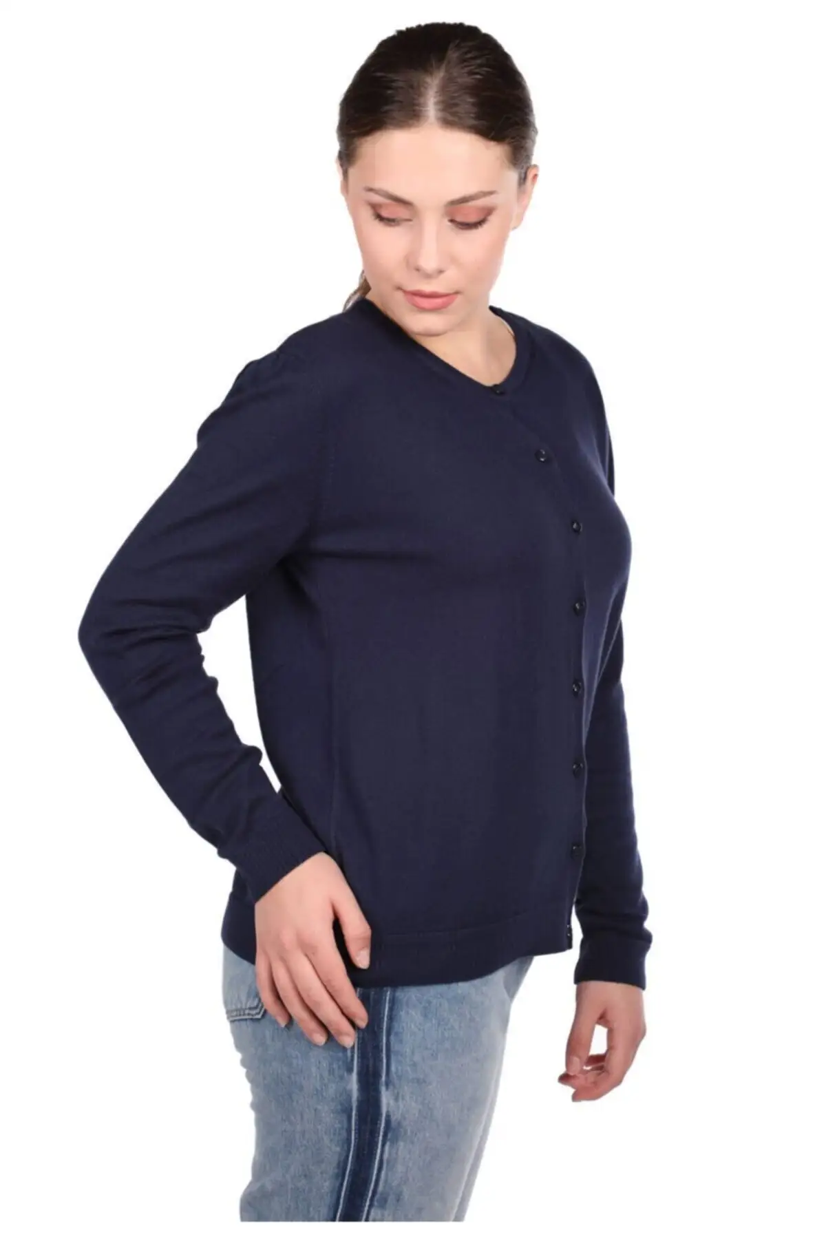 

Women's Cardigan Navy Blue Buttoned Basic sportswear Casual Knitted Quality Fashion Cardigan Sweaters Loose Sweater Jumper