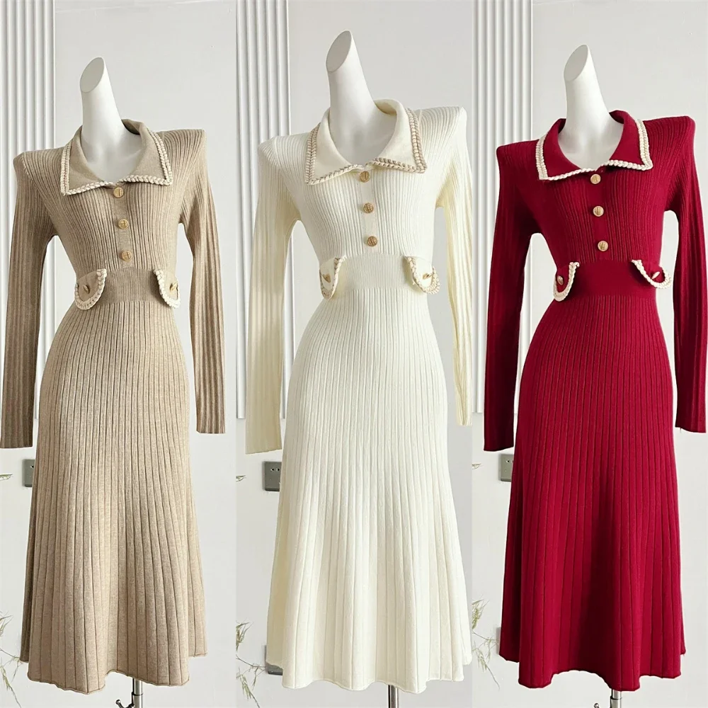 Женское элегантное трикотажное платье осень-зима французское тонкое винтажное