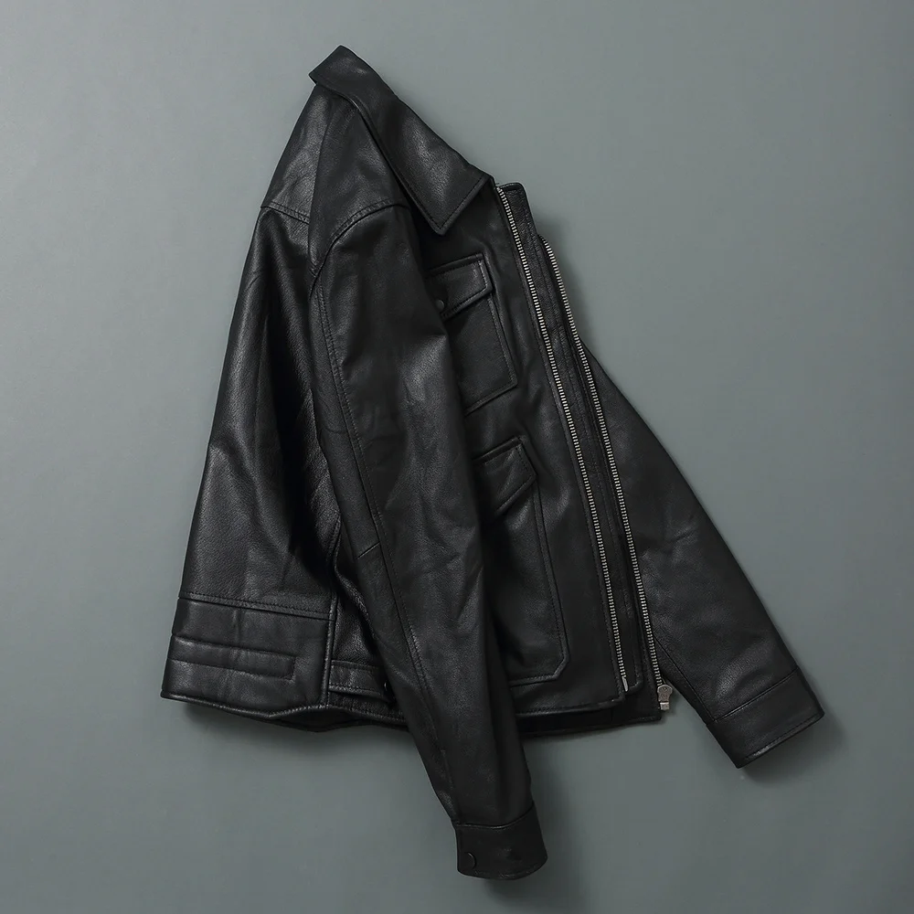 Мужская летная куртка из натуральной кожи черная облегающая кожаная с верхним