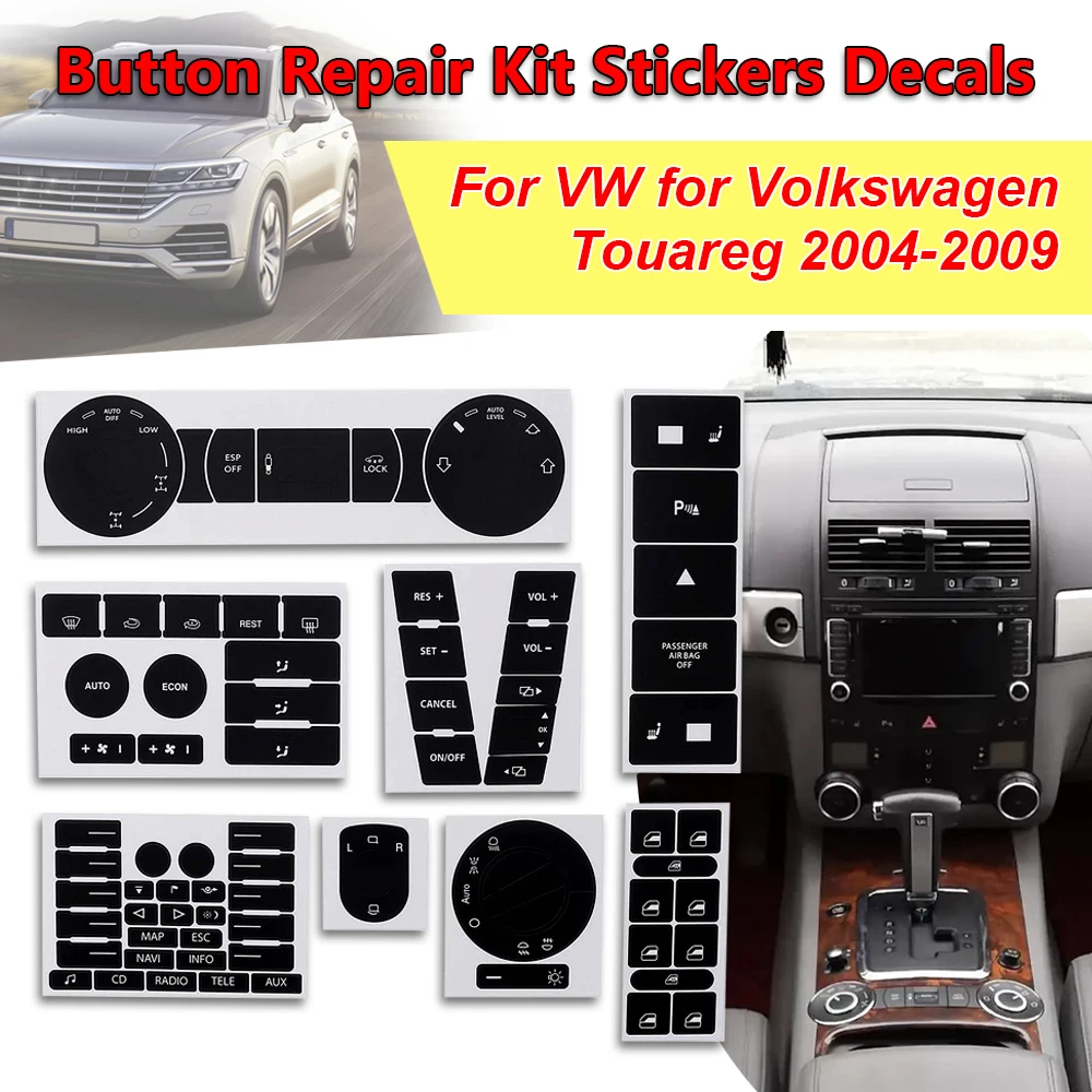 

Наклейки на Автомобильное рулевое колесо, окна, фары, климатический переключатель, изношенные кнопки, ремонт, наклейки для VW для Volkswagen Touareg 2004-2009, наклейки
