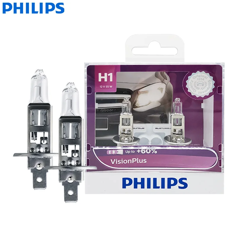 

Philips H1 12V 55W P14.5s VisionPlus 3250K Bright Light Up to 60% Vision Halogen Car Lamps Original Headlight 12258VPS2, 2X