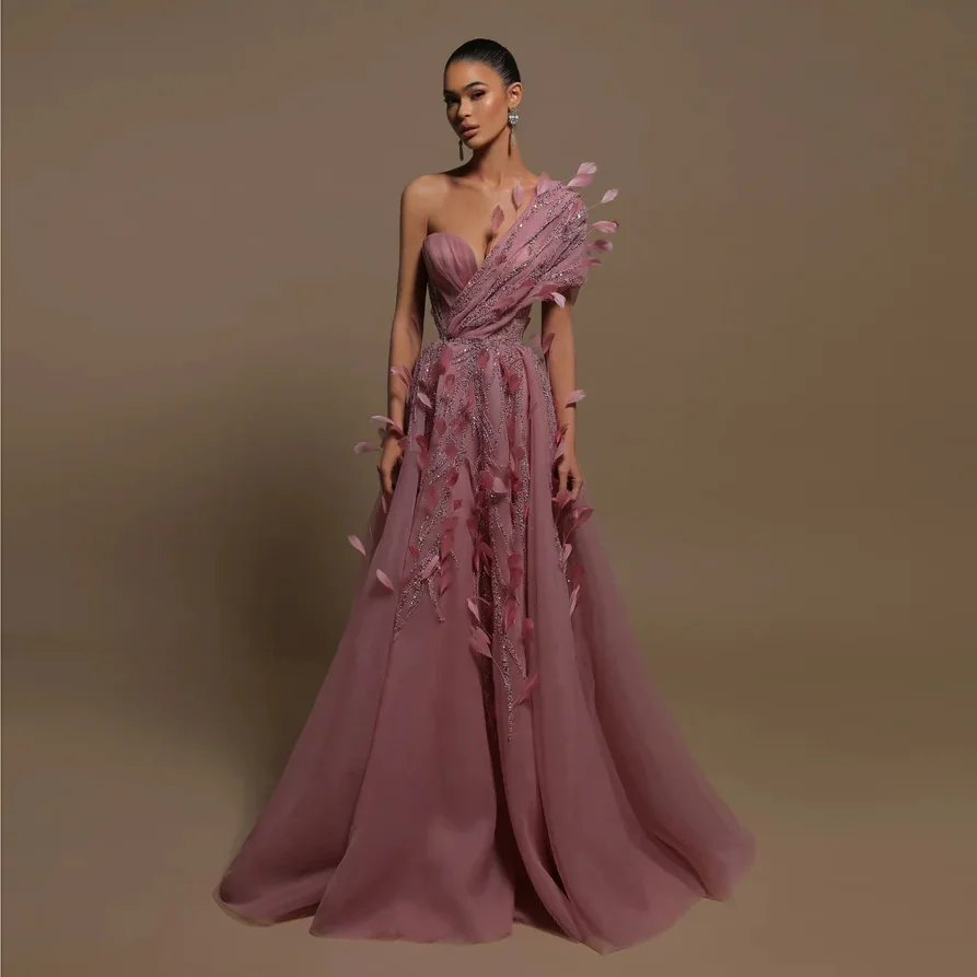 

2023 Luxury Formal Dresses One Shoulder Dubai Fether Beads abiye gece elbisesi Sweetheart Saudi Arabic Prom Gowns robe de soiree