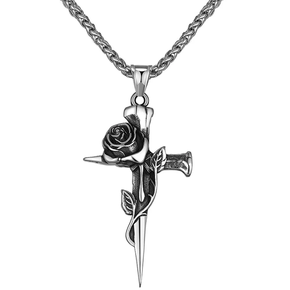 

Necklace Cross Menmens Pendantstainless Steel Gothic Chain Rose Jewelry Silver Punk Gothvintage