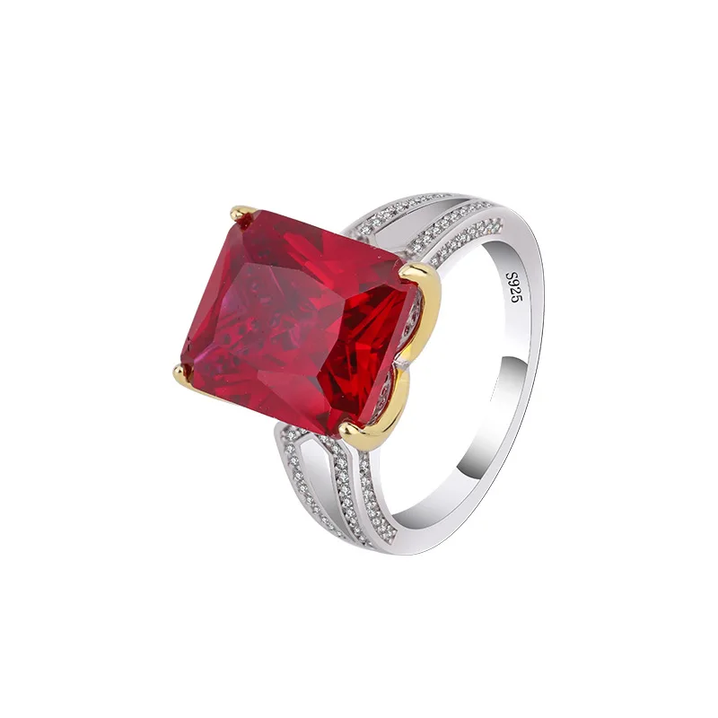 

Женское кольцо из серебра S925 пробы с рубином и изумрудом, прямоугольный центральный камень, 12*14 мм, ювелирные украшения для вечеринок
