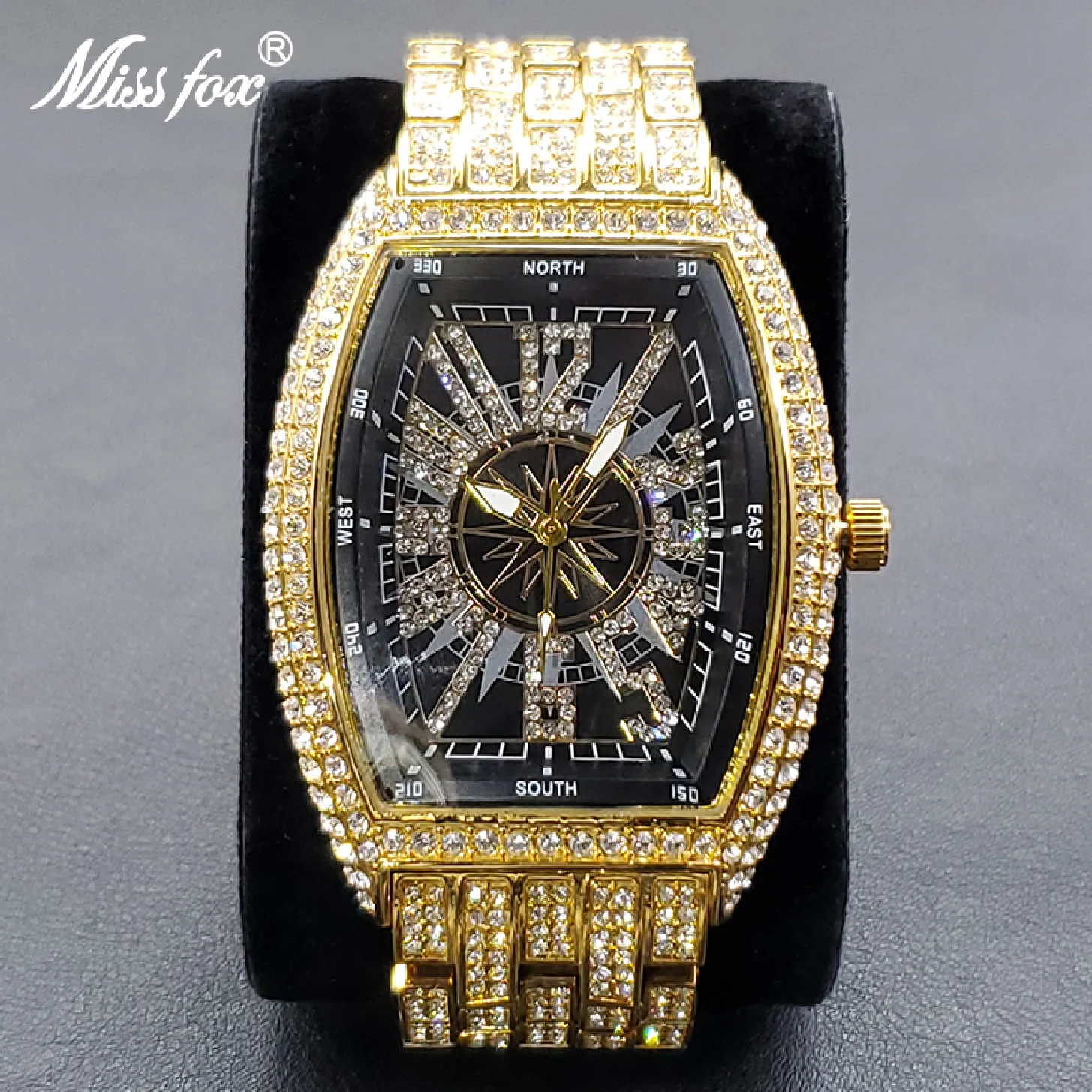 

MISSFOX Luxury Men Crystal Watch Bling Iced-Out Tonneau Gold Black Watches Fashion Diamond Quartz Analog Clock Best Sale Product