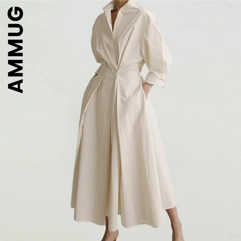 

Ammug Women Dress Fashion Girl Dresses Lapel Neck Long Sleeve Solid Long Shirt Dress Streetwear Lazy Stylish Female Vestidos