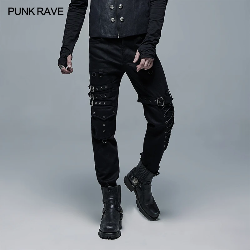 PUNK RAVE Men's Straight Long Pants Coarse Twill Elastic Woven Punk Handsome Cool Men 3-Knee Loop Black and White Lines Trousers