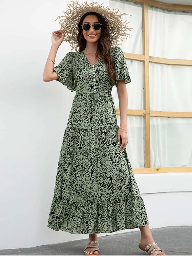 

Summer Maxi Long Party Dress Women Print Flower Dresses Ladies Ruffles V Neck Boho Dress A Line XXL 2022