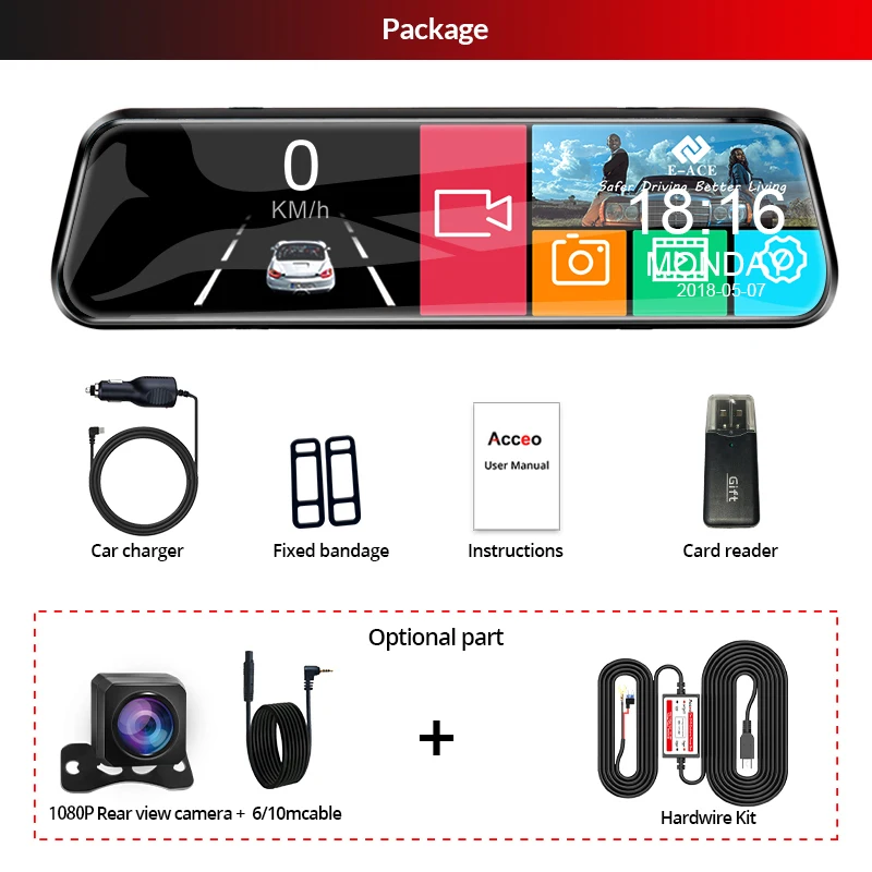 $57.30 Acceo Car Dvr 10 Inch Touch Screen Video Recorder Auto Registrar Stream Mirror Support Rear View Camera Night Vision Dash Cam