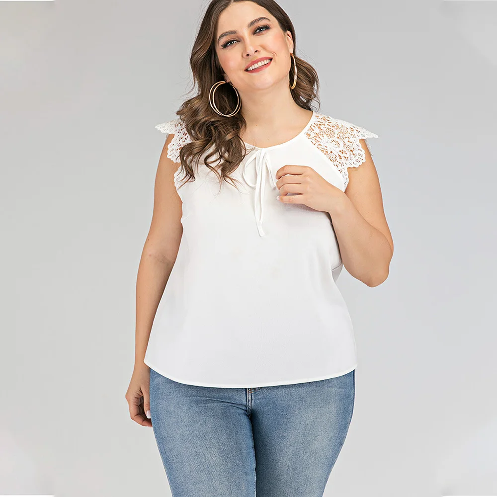 

Plus Size Beach Style Blouse Summer Sleeveless Solid White Stitching Lace Top Sexy Nick Women Tease Xxxx Female Clothing
