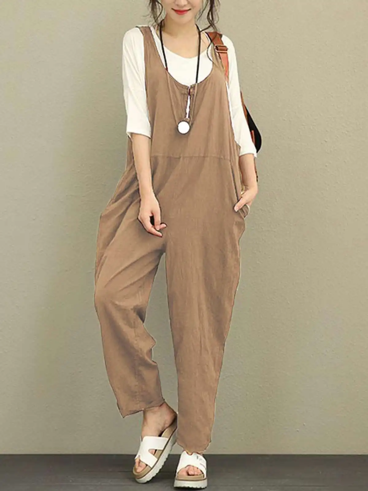 

2022 летние женские стильные комбинезоны Celmia, повседневные Свободные Комбинезоны без рукавов, винтажные однотонные Длинные Комбинезоны, ули...