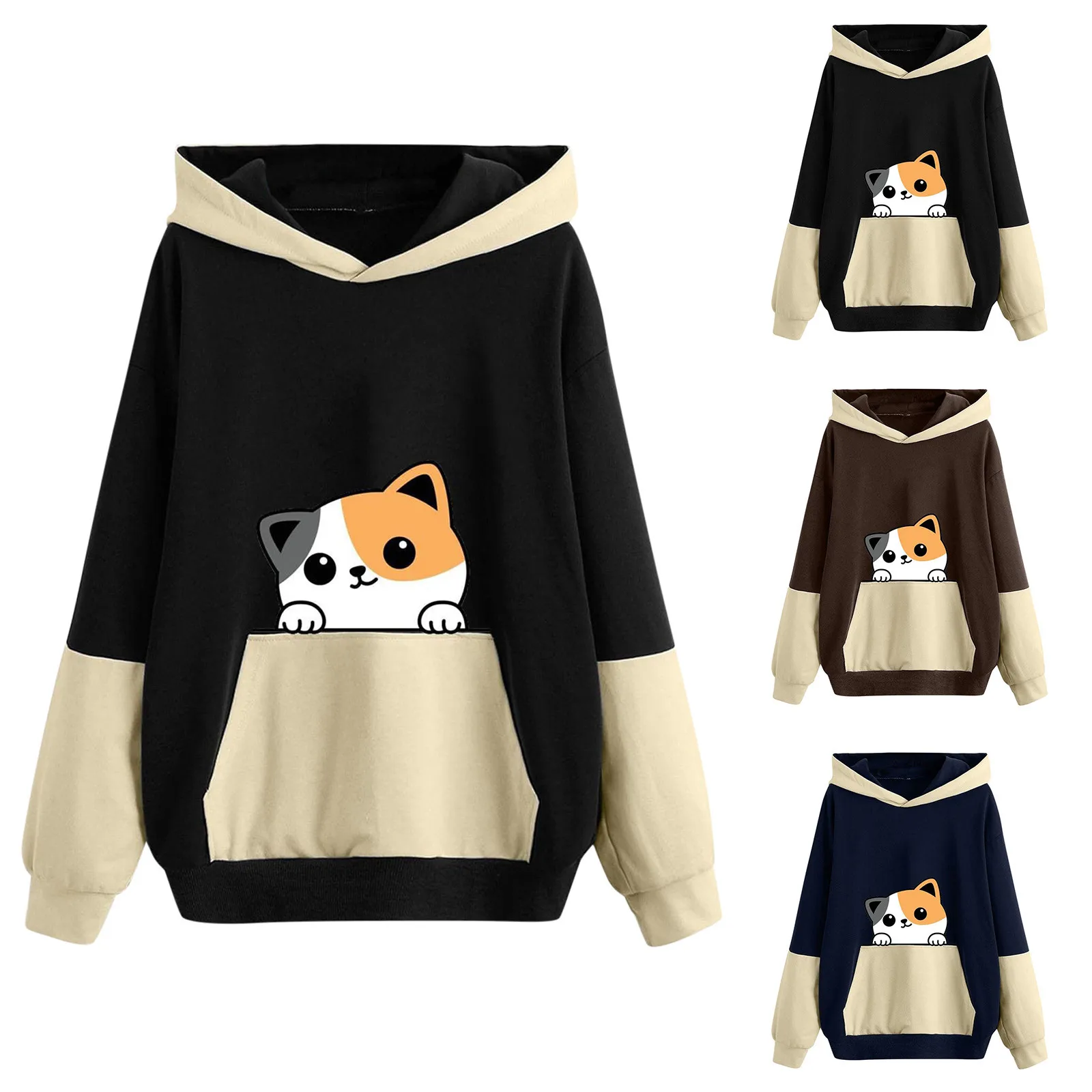 

Cute Cat Printed Hoodies Fall Sweaters For Women Teens Kawaii Pullover Hooded Loose Color Thermal Zip up Hoodie Women