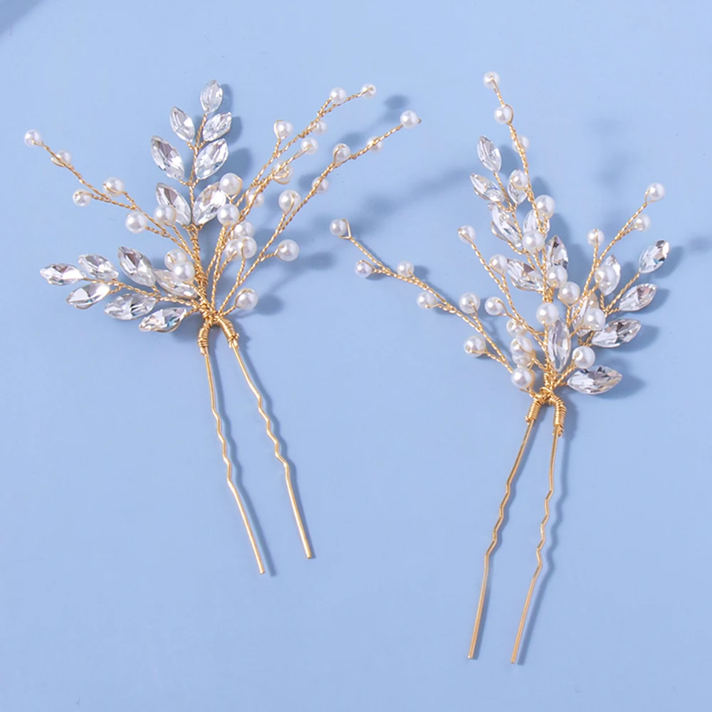 

2PCS Women Pearls Hairpins Wedding Hair Clips Headpieces Hair Forks For Bridal Headdress Crystal Hair Jewelry Accessories ML
