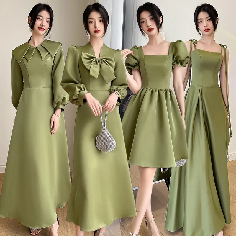 Green Satin Celebrity Banquet Gown 2022 Spring New Bridesmaid Dress Solid Slim Qipao Women Lantern Sleeve Vestidos De Festa