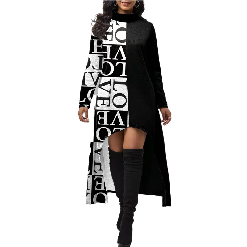 

2022 Spring Vintage High And Low Dress Women Irregular Hem Midi Vestidos Casual Letter Print Patchwork Sundress Long Sleeve Robe