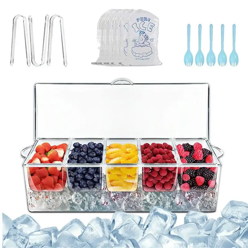 

Condiment Server Removable 5 Compartment Ice Chilled Condiment Condiment Tray With Lid Ice Party Serving Bar Chilled Caddy Bar