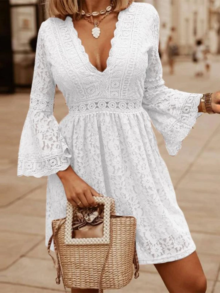 

Вечернее кружевное платье, летнее привлекательное кружевное мини-платье с V-образным вырезом и расклешенными рукавами, праздничное пляжное...