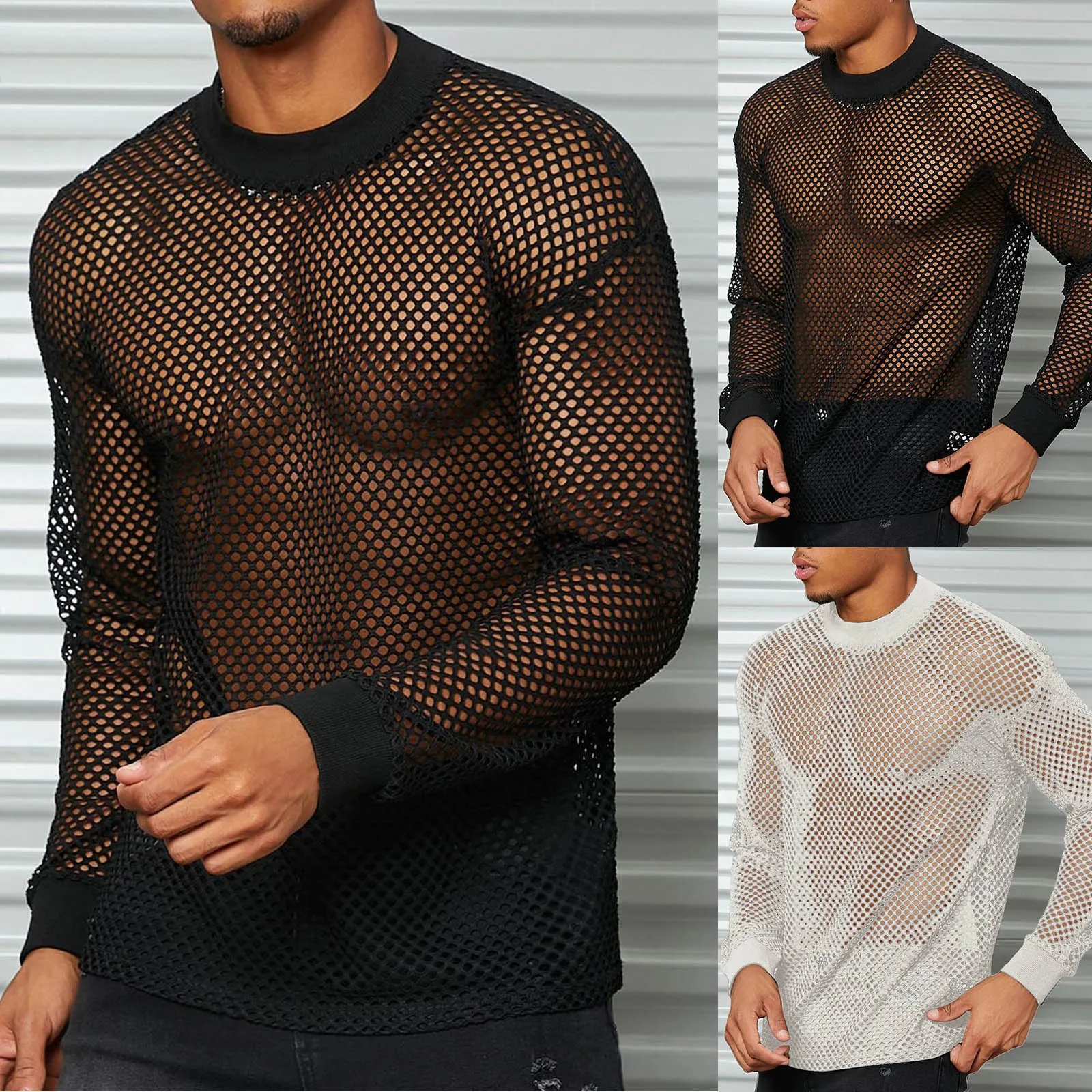 

Мужские сетчатые топы из чистого хлопка с длинными рукавами и ложным воротником