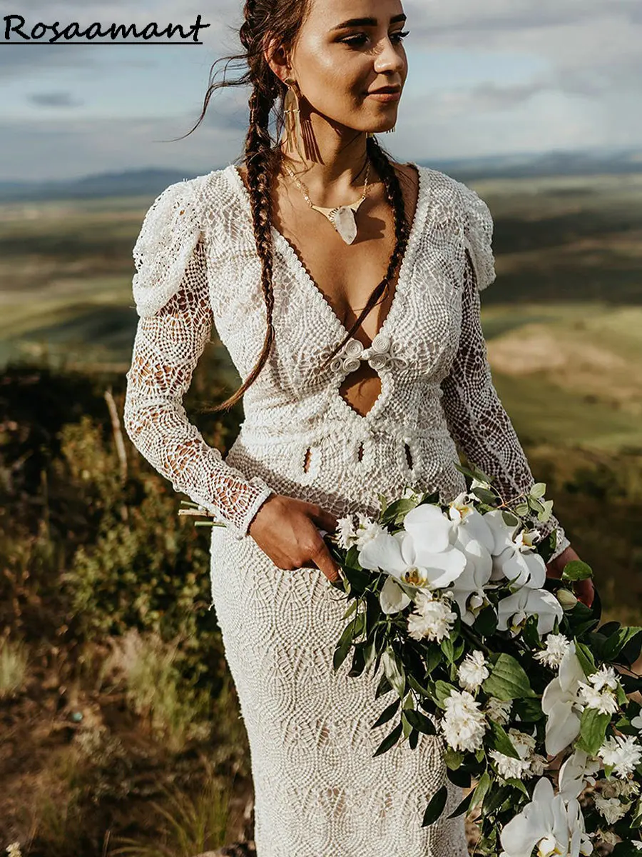 

Богемные Свадебные платья с длинным рукавом и открытой спиной в стиле русалки с кружевной аппликацией