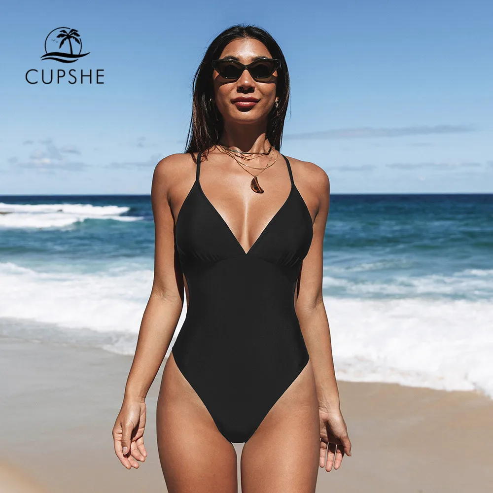 

CUPSHE Cutout Back One-Piece Swimsuit For Women Solid Black Sexy V-neck Monokini Swimwear 2022 Female Bathing Suits Beachwear