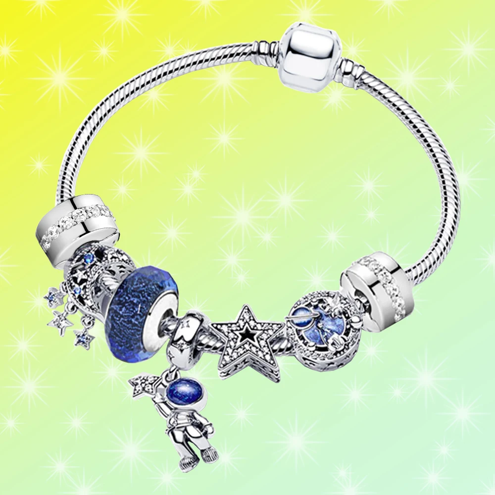 

Blue Astronaut Picking Star Snake Chain Bracelet 925 Silver fit Fashion Feast DIY Beads Jewelry for Ladies Classic Gift