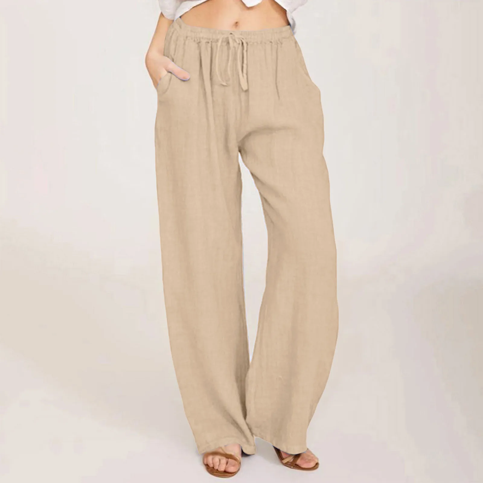 

Summer Pants Drawstring Solid Color Wide Leg Pants Stylish Women's Clothing Elastic Waist Pockets Loose Vintage Cropped Pants
