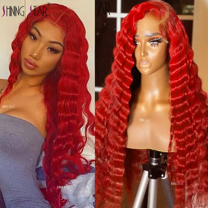 13X4 Deep Wave Frontal Wig Colored Red Lace Front Wig Burgundy 99J Curly Hd Lace Front Human Hair Wigs Brazilian Remy Human Hair