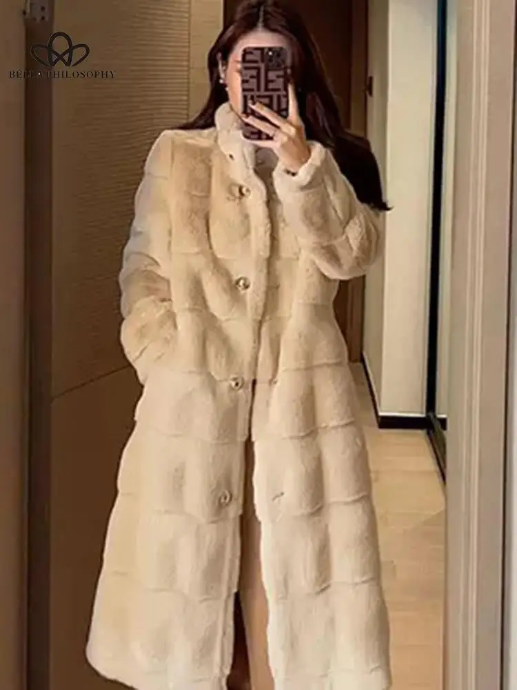 2023 New Winter Log Striped Warm woman Fluffy Faux Mink Fur Coat Stand Collar Korean Luxury Designer Overcoat Women  шуба норка