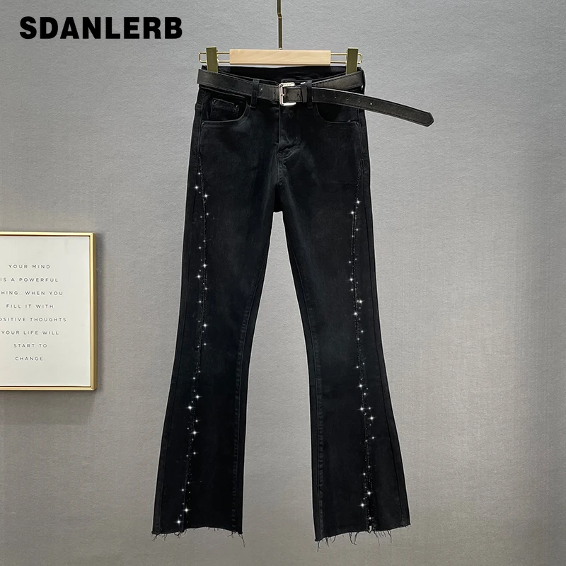 

Rhinestone Jeans Women's Black Trousers 2021 Autumn New High Waist Denim Pants Slim Fit All-matching Split Bootcut Trousers