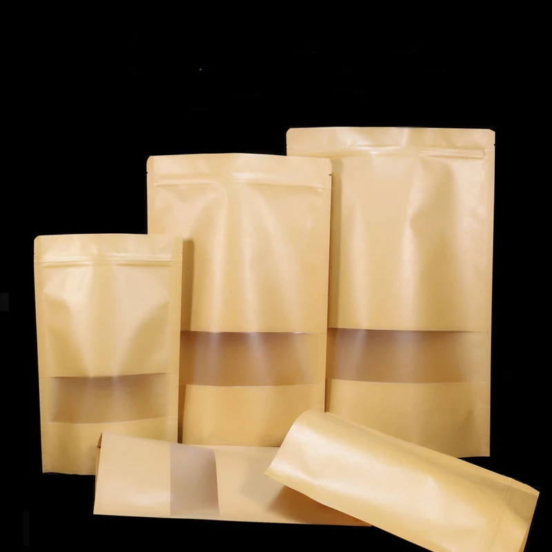 Фото 100 шт. коричневый Doypack крафт-упаковка, бумажный пакет, чай, конфеты, еда, закуска, порошок для хранения, стоячий пакет, сумка с матовым окном №2