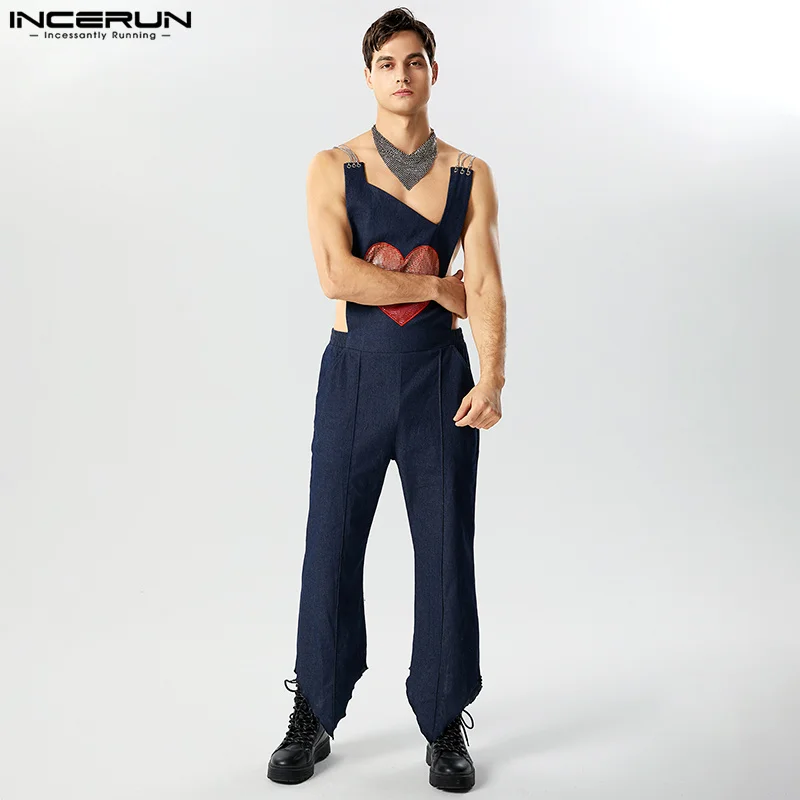 

INCERUN 2023 American Style Handsome Men Love Patch Embroidered Chain Jumpsuits Casual Streetwear Male Hot Selling Rompers S-5XL