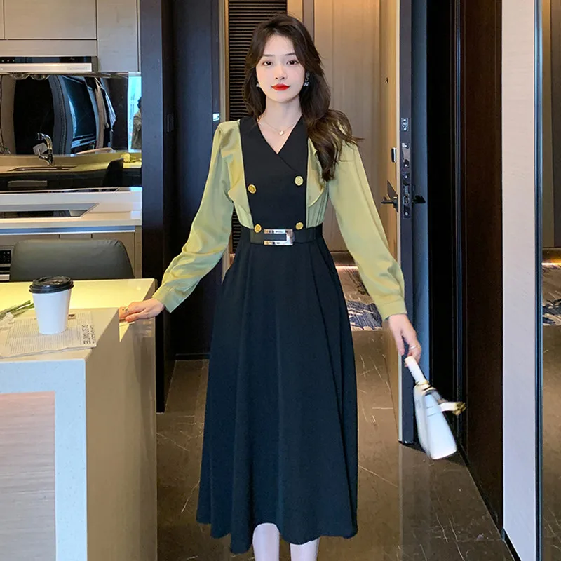 

Женское винтажное платье с поясом, вечерние ничное платье контрастных цветов с V-образным вырезом и длинными рукавами, весна 2023