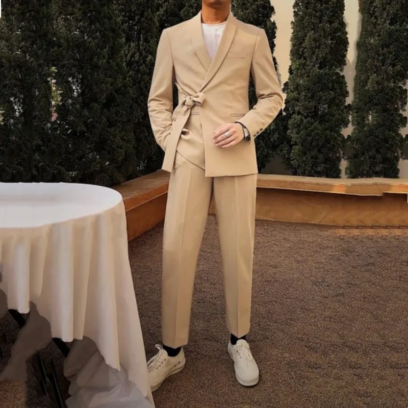Men's Suit Two -piece Set A Solid Color Handsome Lapel Without Buckle V -neck Nine -point Trousers Suitable Casual Office