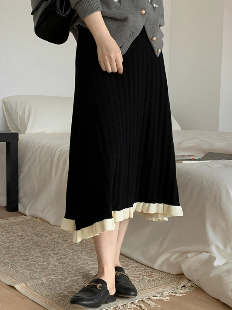 

Женская длинная юбка с высокой талией, черная теплая трапециевидная юбка с вышивкой в виде листьев лотоса, Осень-зима 2023