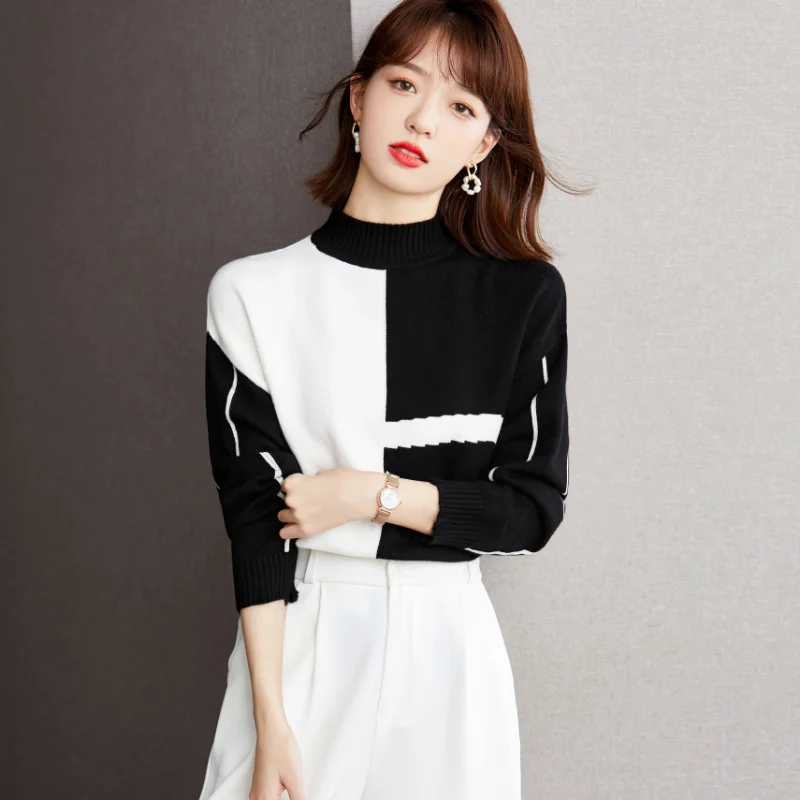 

2022 Autumn and Winter New Women's Sweater Mock Neck Long Sleeves Tops Casual Fashion Loose Splicing Pullover