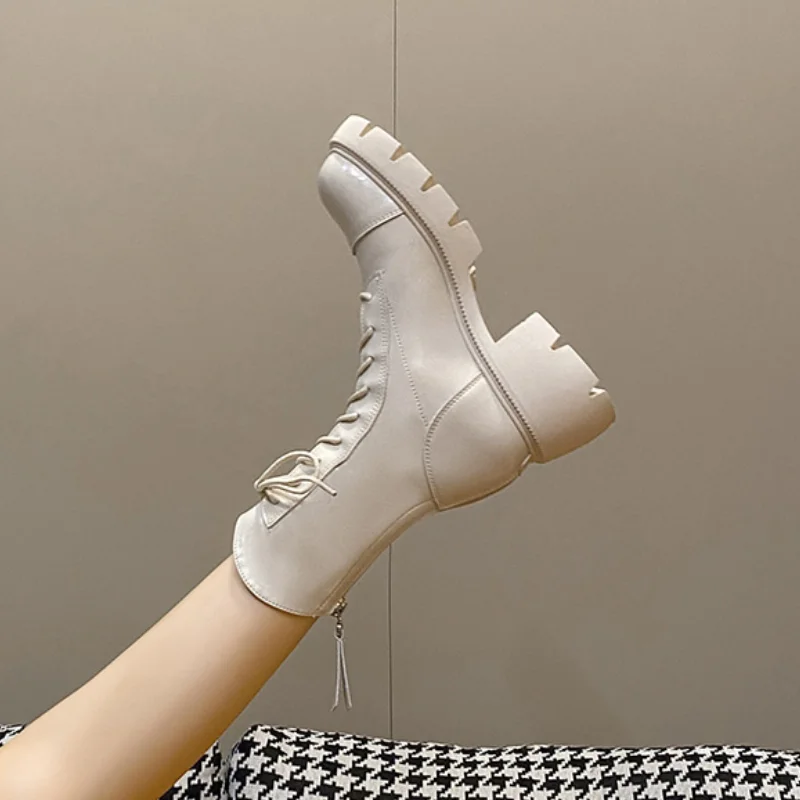Leather Round Toe English Platform Ankle Boots Women's Padded Lining Boat Lace-Ups Back Zip Botas Mujer Shoes for Women 2023