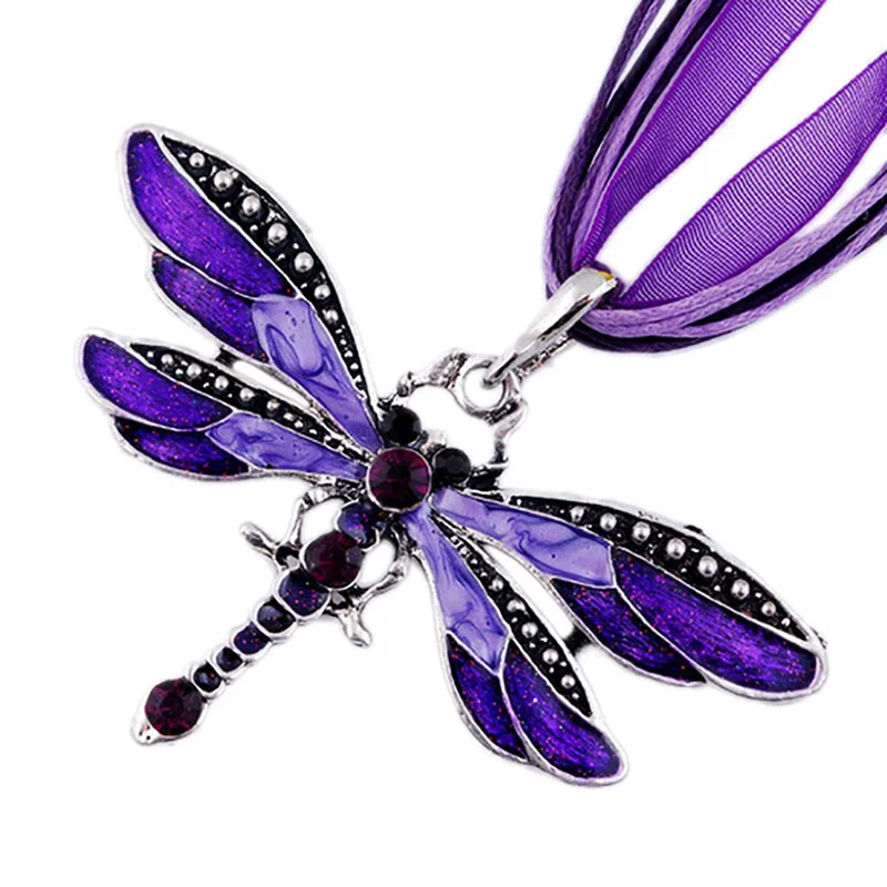 

Dragonfly Ribbon cord purple diamond necklace children's Girl Necklace
